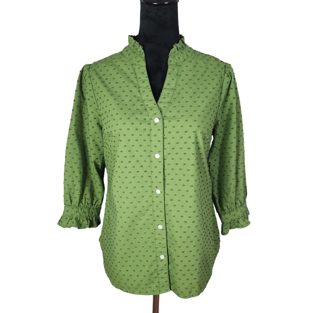 CROWN & IVY Size Small Green Cotton Flocked Swiss Dot Blouse Ruffled Trm